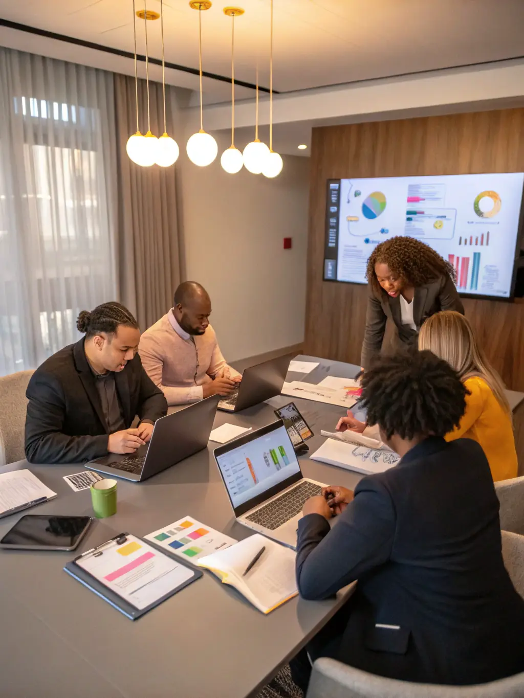 A diverse team collaborating on a digital marketing campaign, showcasing creativity and innovation in a modern office environment.