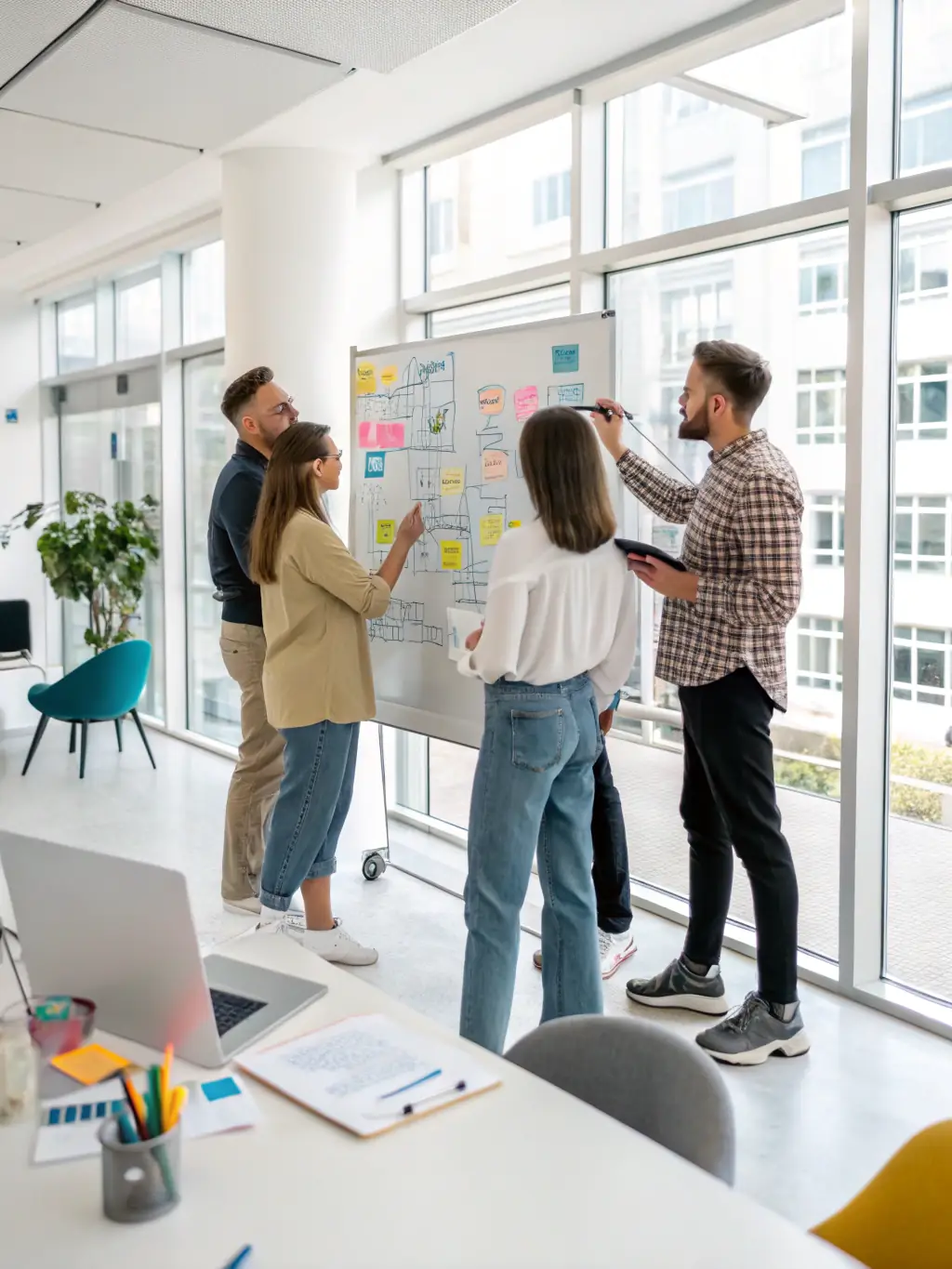 An engaging image showcasing a team brainstorming social media strategies in a modern office setting, with laptops and creative tools visible.