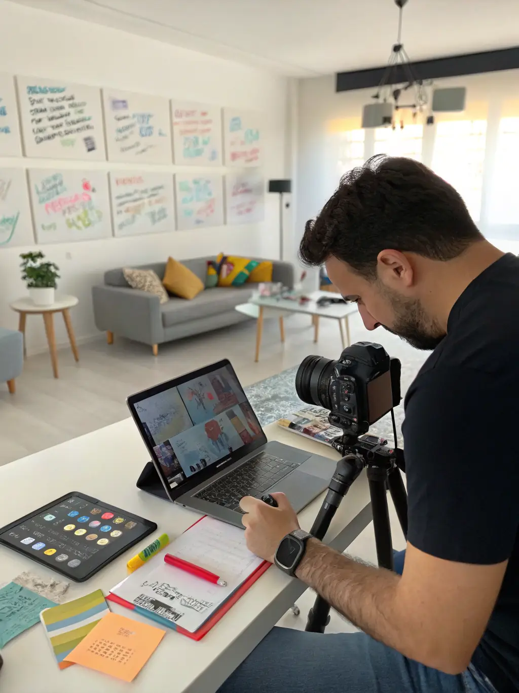 An image depicting a content creator at work, surrounded by various media tools such as a camera, microphone, and editing software.